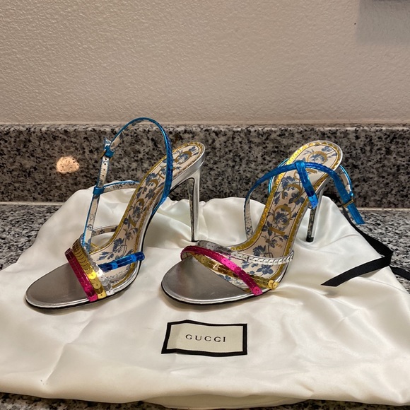 Gucci Haines 105 Metallic Sequin Heels SZ 37.5 - Picture 3 of 6